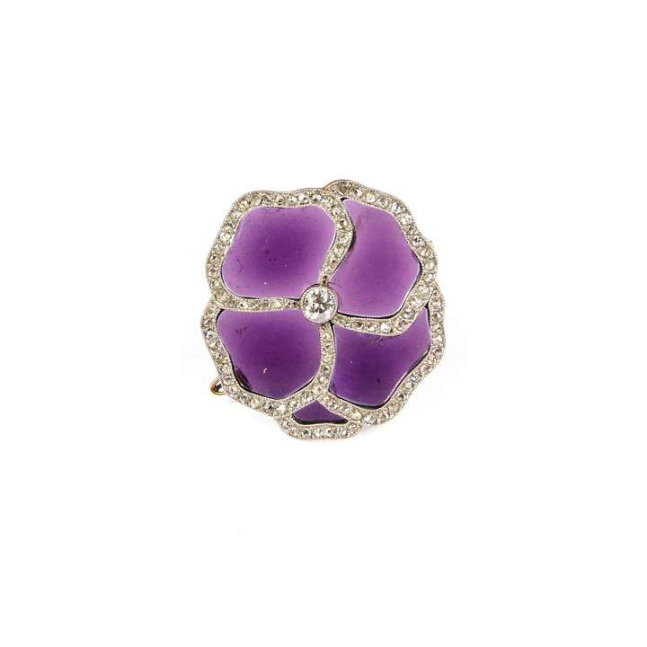 Early 20th century diamond and purple glass pansy flower brooch